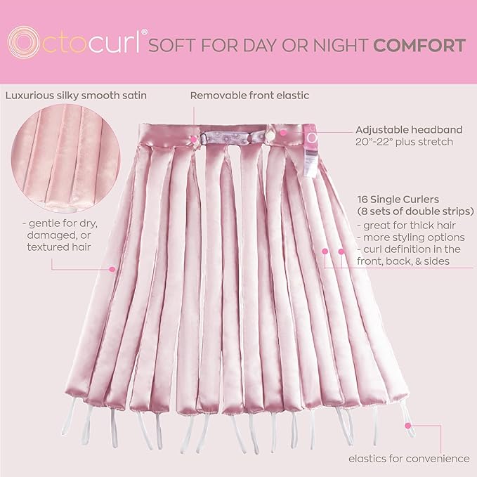 Octocurl Satin Hair Curlers - Heatless Curls Overnight - Headband Curlers for Long Hair (Satin - Pink)