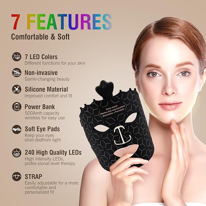 7 Color Red Light Therapy Mask, LED Face Mask Light Therapy, Red Light Therapy for Face, Silicone Face Mask Skin Care at Home with Eye Protection Cushion for Anti Aging Wrinkles
