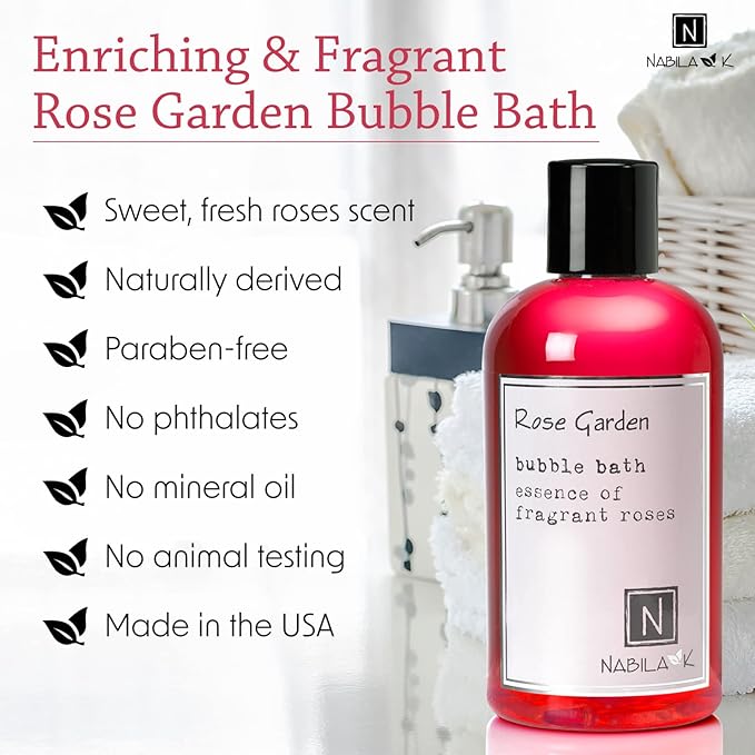 Rose Garden Bubble Bath by Nabila K - Essential Oils with Natural Ingredients for Sensitive Skin, Tear-Free, Gentle, Moisturizing - Luxury for Women & Men, 8 oz