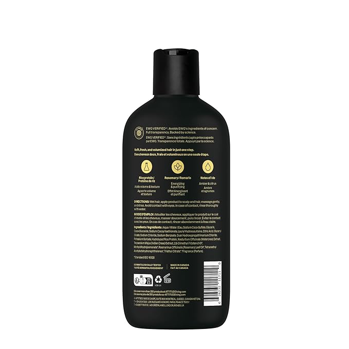ATTITUDE Men's Shampoo and Conditioner 2-in-1, Volumizing for Thin Hair, With Rosemary and Rice Protein, 97% Natural Origin Ingredients, EWG Verified, Amber & Citrus, 14 Fl Oz (Pack of 3)