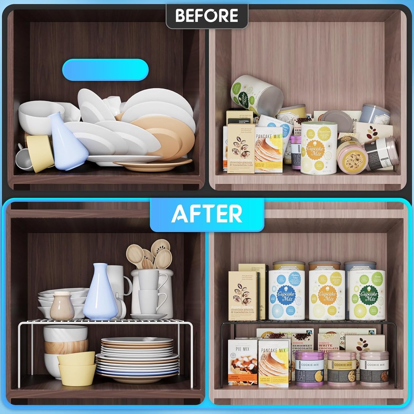 Medium(13 x 9.4 inch)White Cabinet Storage Shelf Rack Set of 6, Rustproof Metal Wire Kitchen Counter Organizers and Storage, Spice Organization for Cabinet, Plate, Dish, Pantry, Bathroom, Fridge