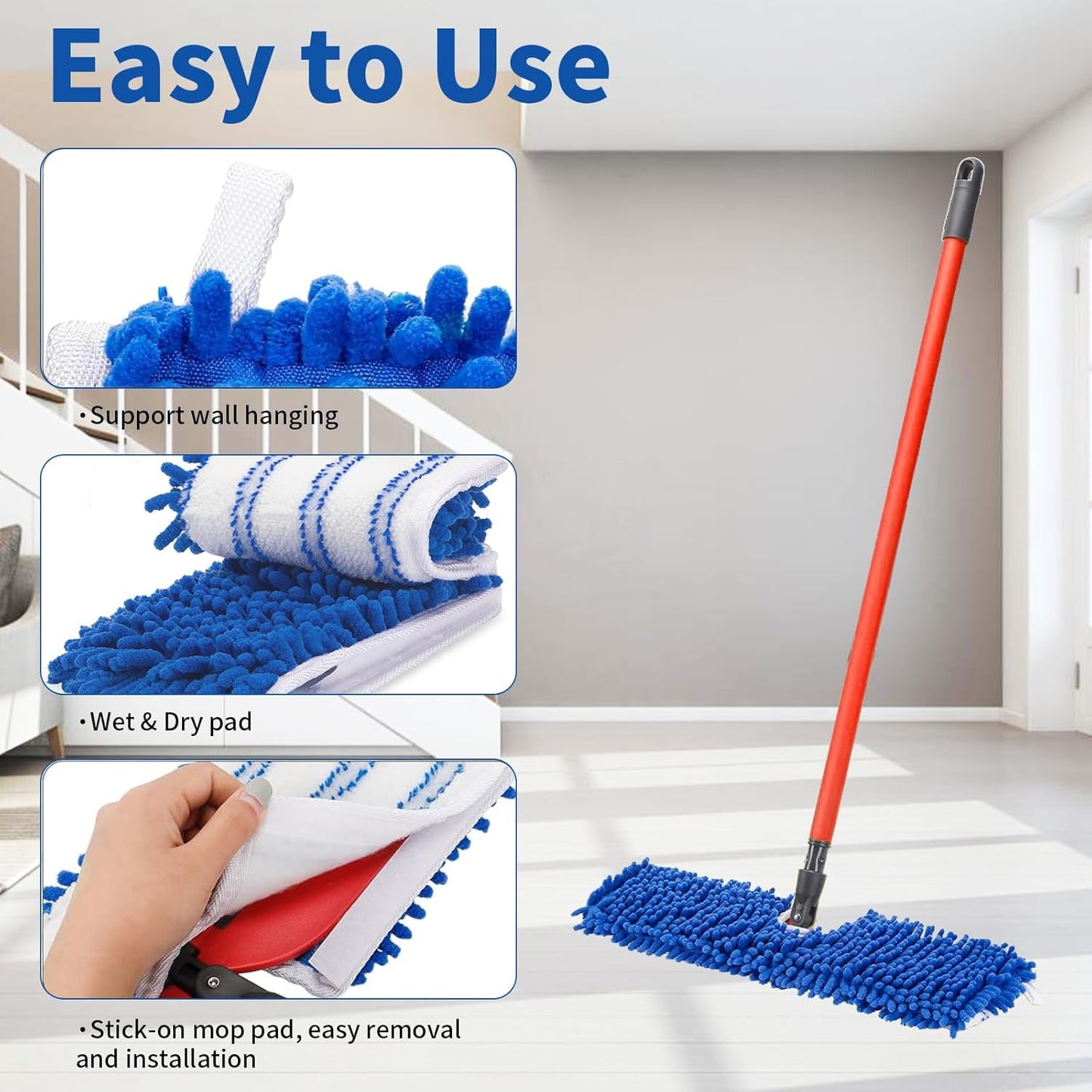4 Pack Mop Heads Replacements Compatible with O-cedar Dual-Action Flip Mop, Chenille + Microfiber Mop Refills for Dry/Wet Use, Reusable and Machine Washable Dust Mop Cloths for Hardwood Floor Cleaning