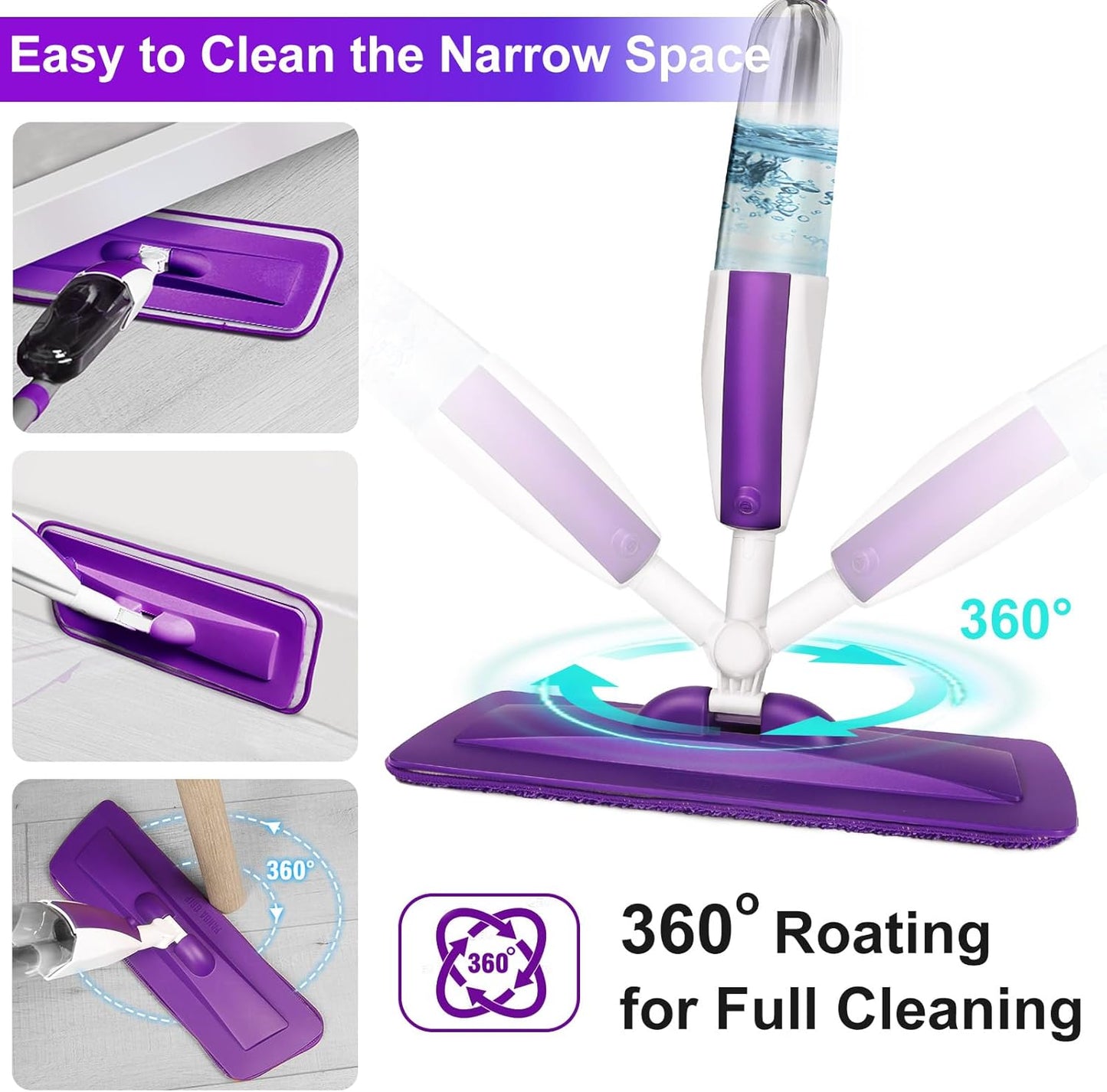 Spray Mops for Floor Cleaning Floor Mop with a Refillable Spray Bottle and 3 Washable Microfiber Pads Home or Commercial Use Dry Wet Flat Mop for Hardwood Laminate Wood (Pure Purple)