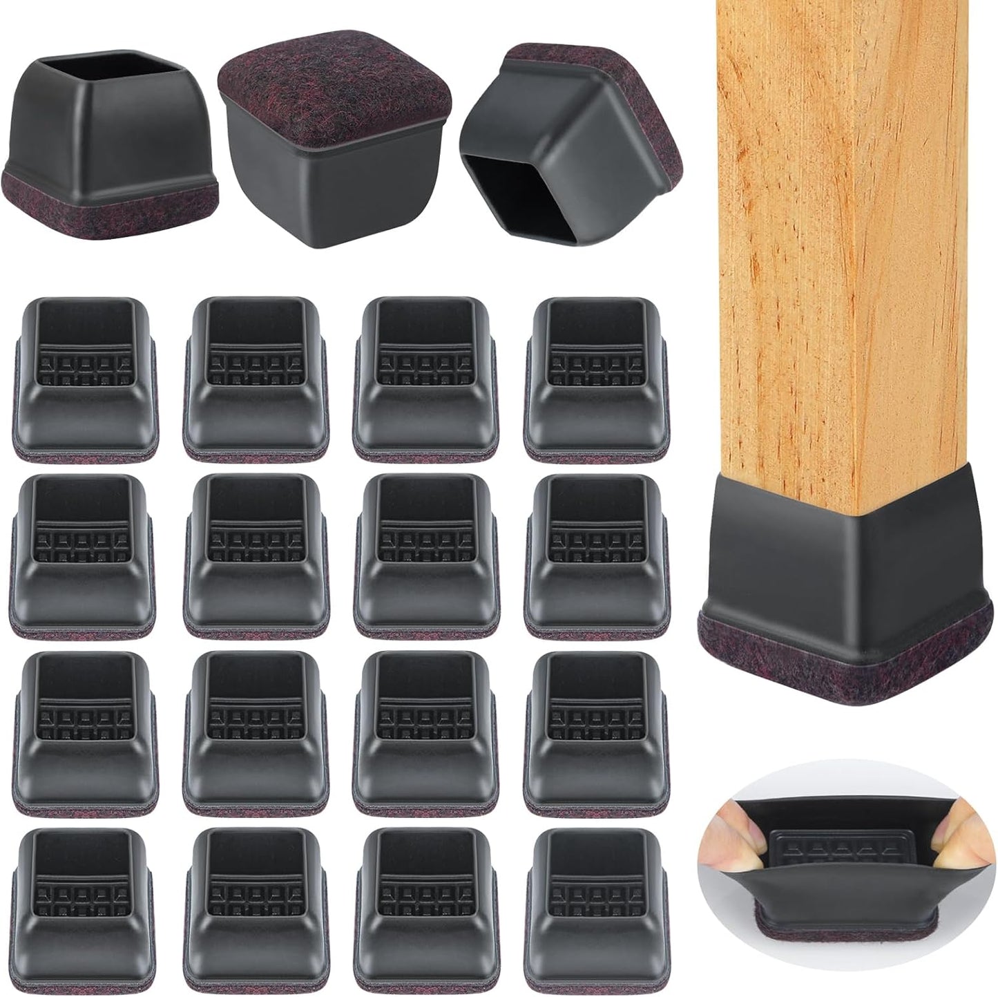 16 Pcs Chair Leg Floor Protectors Square, Silicone Chair Leg Protectors for Hardwood Floors, Chair Leg Caps Covers Protect Wooden Floors from Scratching, Thick, Won't Tear (Fit: 1-1/10" - 1-3/10")