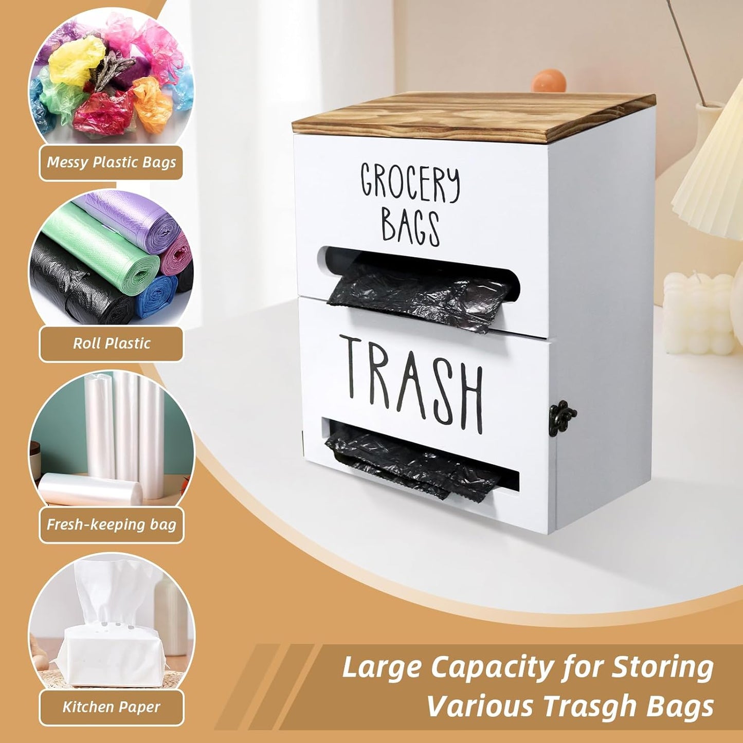 2 in 1 Trash Bag Dispenser, Double Wall Mounted,Wood Trash Bag Holder, used in kitchen, garage, laundry room, can store Environmentally friendly food bags and garbage bags (White)