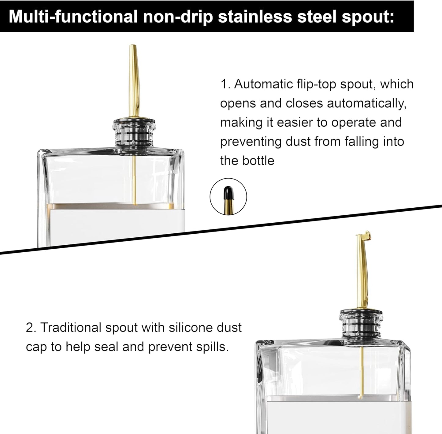 Olive Oil Dispenser for Kitchen, 16.9 oz/ 500 ml Olive Oil Dispenser Bottle, Glass Oil Bottles for Kitchen with 8 Stainless Steel Pourers, 40 Labels, 4 Pcs, Gold