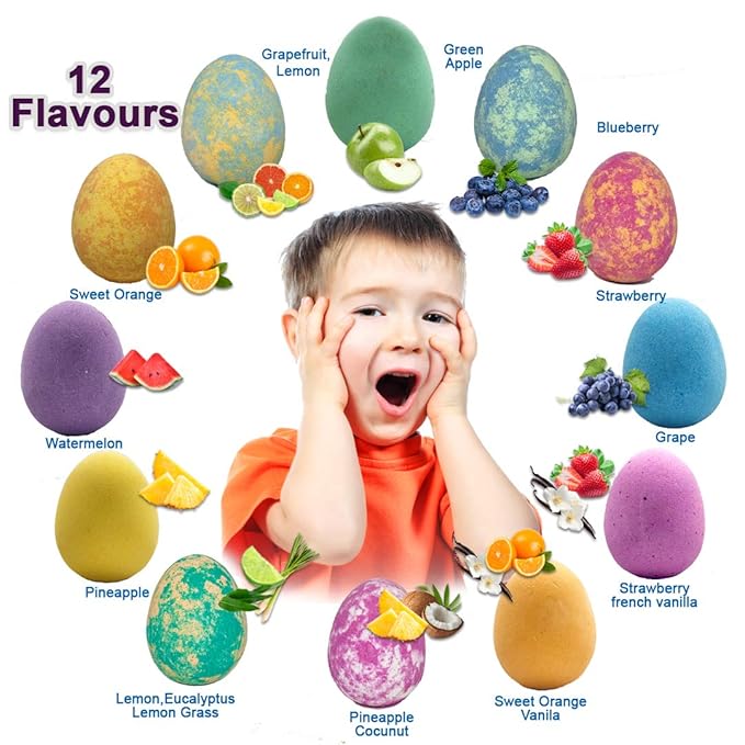 Bath Bombs for Kids with Surprise Inside - 12 Organic Bubble Bath Fizzies with Dragon Egg Toys. Gentle & Kids Friendly w/Rich Bubbles & Rainbow Colors, Birthday Gifts for Boys, Girls