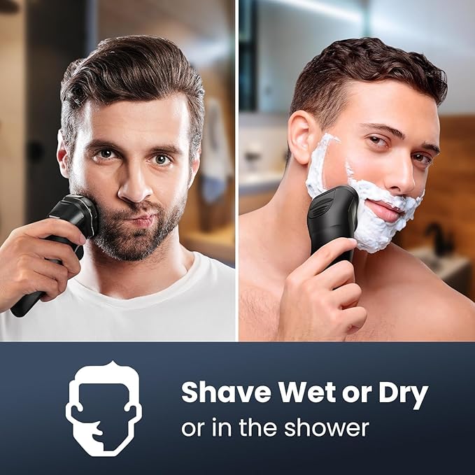 Electric Razor for Men Cordless: Wet/Dry Rotary Shaver Waterproof - USB Fast Charging & Sensitive Skin Care - Pop up Trimmer & Precision Blades Classic Black