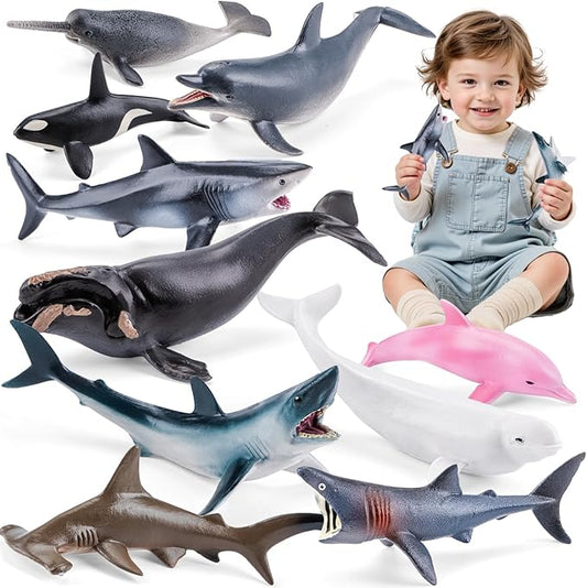 10PCS 5" Sea Animal Toys for Toddlers, Bath Ocean Animal Whale Shark Figurines Toys for Kids, Cake Toppers Birthday Party Favors & Gifts for Boys & Girls