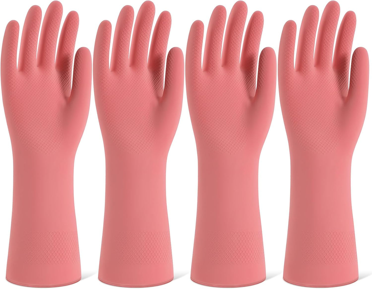 Rubber Cleaning Gloves for Dishwashing, 4 Pairs Reusable Kitchen Gloves for Washing Dishes and Household Cleaning, Pink Dish Gloves with Flocked Lining and Non-Slip Grip, Pefect for Woman Men - S