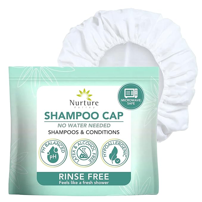 No Water Rinse Free Shampoo Cap by Nurture | Microwavable Washing & Conditioning Shower Caps to Wash Hair w/o Bath | Waterless Bathing | Disposable & Hypoallergenic for Adults, Bedridden & Elderly