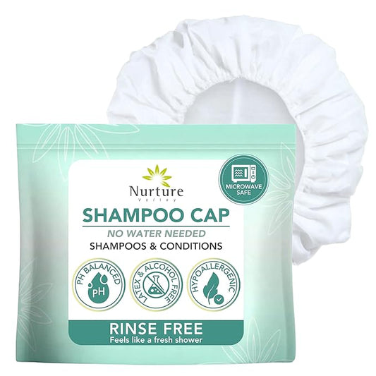 No Water Rinse Free Shampoo Cap by Nurture | Microwavable Washing & Conditioning Shower Caps to Wash Hair w/o Bath | Waterless Bathing | Disposable & Hypoallergenic for Adults, Bedridden & Elderly