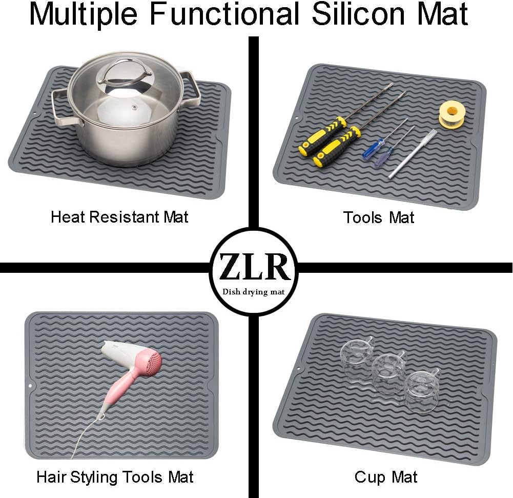 ZLR 2 Pcs Silicone Dish Drying Mats for Kitchen Counter, Eco-Friendly Fast Dry Dish Mat, Easy Clean Multi Usage Drying Matt, Heat Resistant Trivet, 12" x 16" Large, Gray