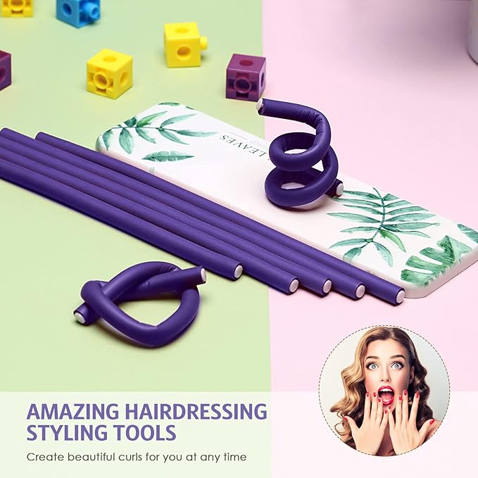 Tigeen 96 Flexible 9.45 Inch Soft Twist Foam Hair Rollers, No Heat Hair Styling with 2 Rat Tail Combs (0.3 In, Purple)