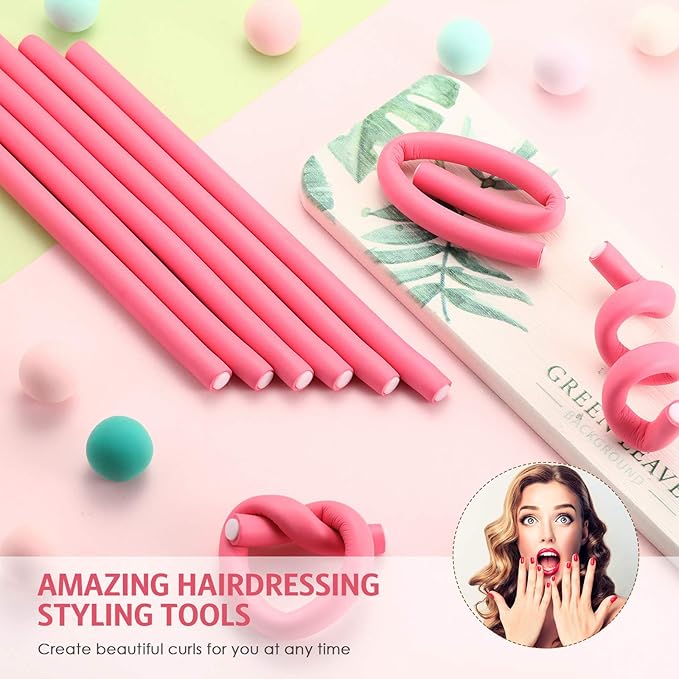 WILLBOND 60 Pieces Flexible Curling Rods Hair Curlers Rollers Twist Flexi No Heat Rods Rollers for Long Short Hair Women(0.3 x 7 Inch,Pink)