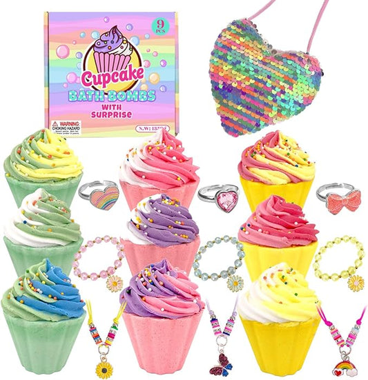 9 Pack Cupcake Bath Bombs for Kids with Surprise Inside, Kids Bath Salts with Jewelry Inside for Princess Girls, Super Large Kids Bath Balls for Children…