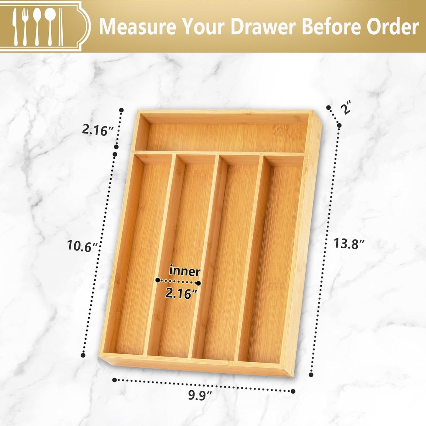 Silverware Organizer, 2 Pack 10 Inch Utensil Organizer Kitchen Drawer Organizer Bamboo Silverware Holder Cutlery Tray Organizer in Drawer Flatware Organizer Tray(5 slots, Natural）