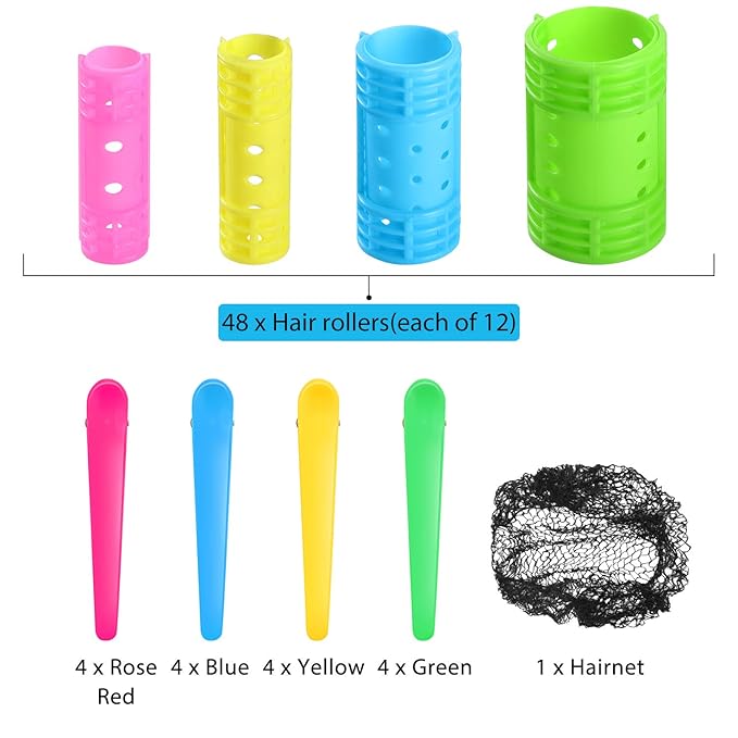 WILLBOND 65 Pieces Rollers Plastic Rollers Hair Curlers Set 4 Sizes for Long Medium Short Hair, Duck Clips Hairnet Hairdressing Styling Tool(Colorful)