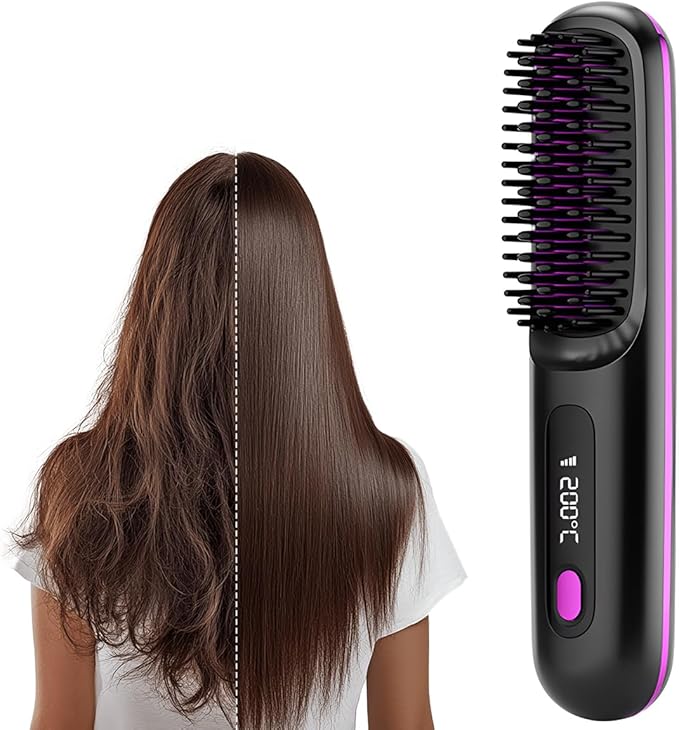 Go Brush Pro, 2025 New Go Brush Pro, Portable Straightener Brushs for Travel, with LCD Temperature Display, Fast Heating Cordless Mini Hair Brushs (Black)