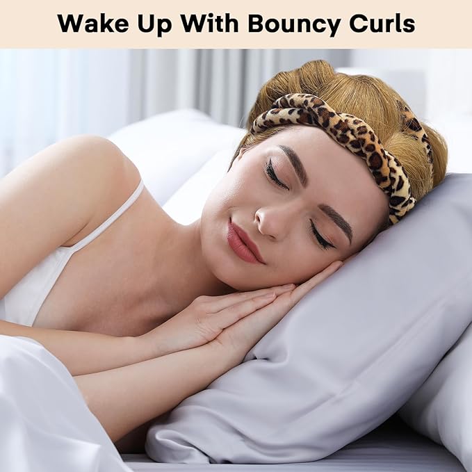 Velvet Heatless Curls Overnight Hair Curlers to Sleep In, Overnight Curls Thin Heatless Hair Curler - No Heat Curlers for Long Hair Volume, Heatless Curling Set with Bonnet - Leopard Print
