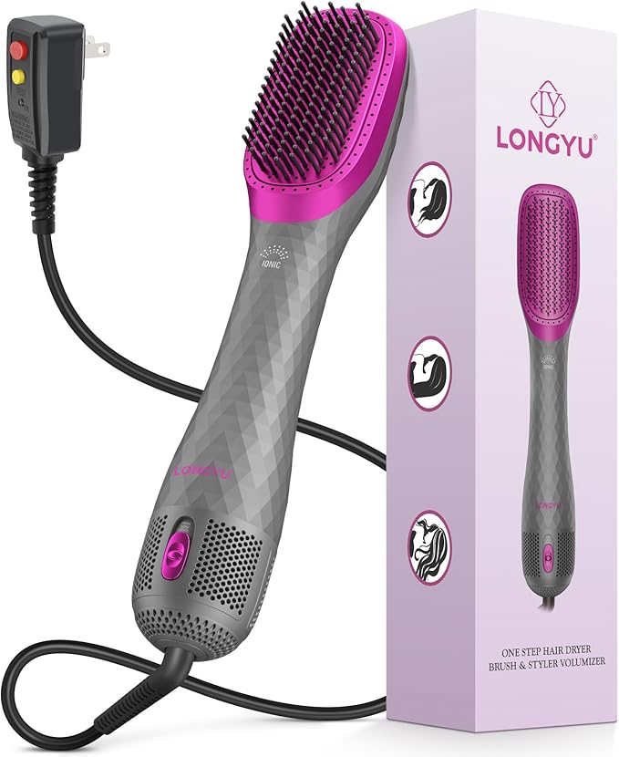 Longyu 3 in 1 Hair Dryer Brush Straightener 1200W Negative Ionic Hot Air Brush One Step Blow Dryer and Styler for Straightening Drying Smoothing (Gray)