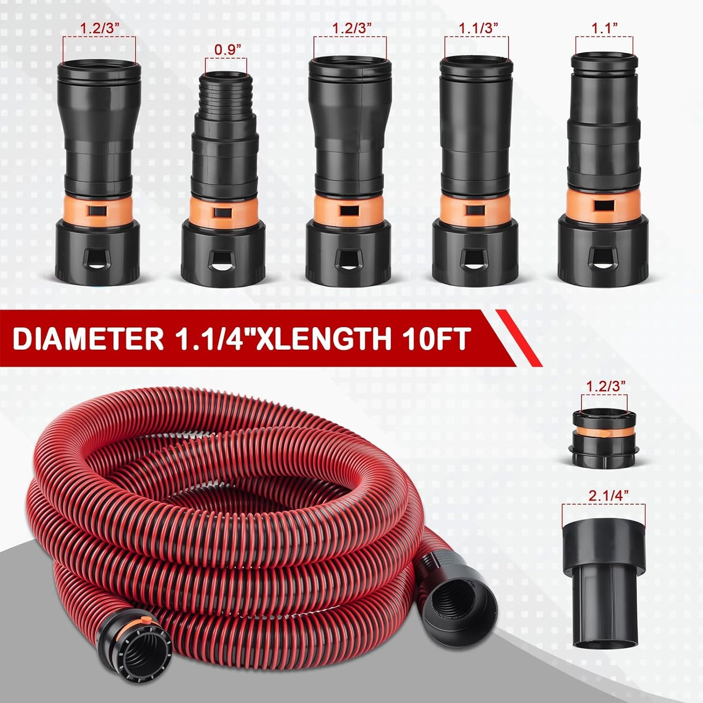 10FT Vacuum Hose Extension with 6 Adapter Attachments,Fits 1-1/4" Vacuum Cleaner Hose,Multi-Size Fittings 0.9" to 1-3/4",Universal Shop Vac Accessories (Please Confirm Hose Size Compatibility)