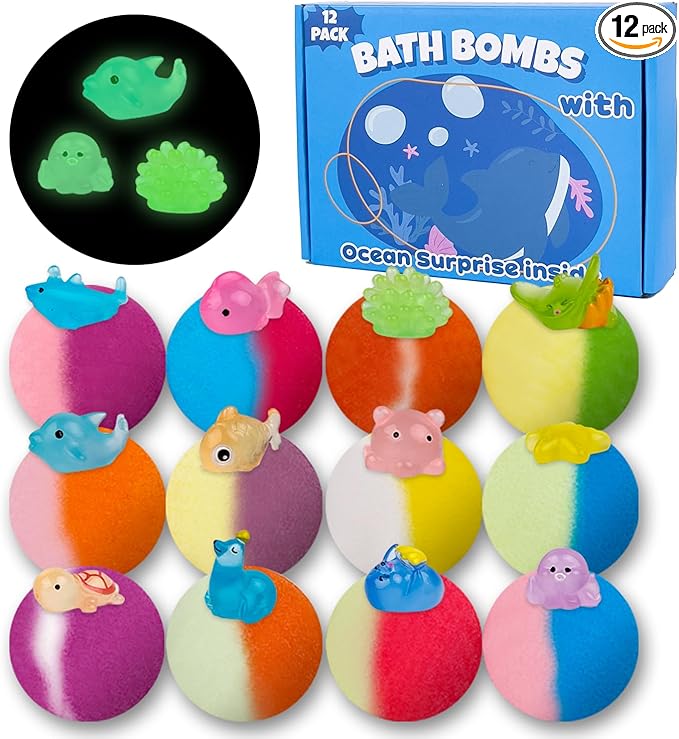 Bath Bombs for Kids, 12 Pcs Bath Bombs with Glow in The Dark Ocean Surprise Inside, Handmade Organic Bubble Bath Ball Gift Set for Boys and Girls, Gift for Birthday Christmas Easter