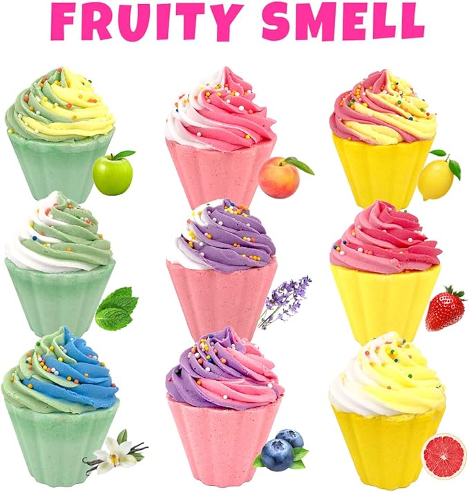 9 Pack Cupcake Bath Bombs for Kids with Surprise Inside, Kids Bath Salts with Jewelry Inside for Princess Girls, Super Large Kids Bath Balls for Children…