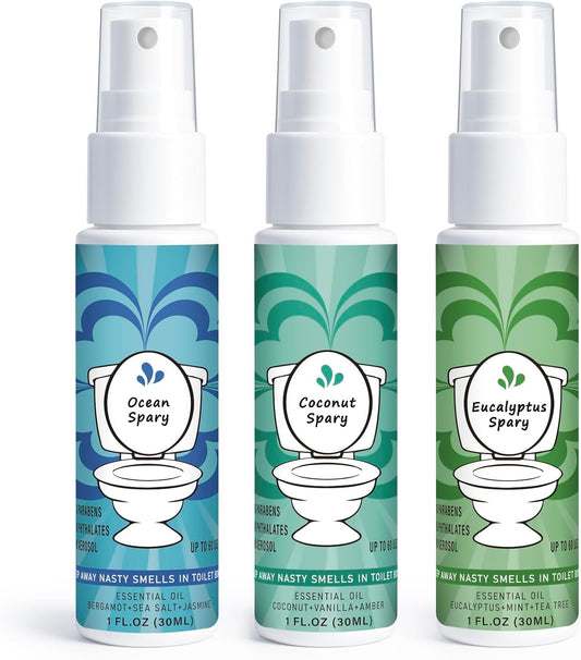 Toilet Spray for Poop 3 Pack, Travel Size Variety, Bathroom Odor Eliminator - Ocean Eucalyptus Coconut