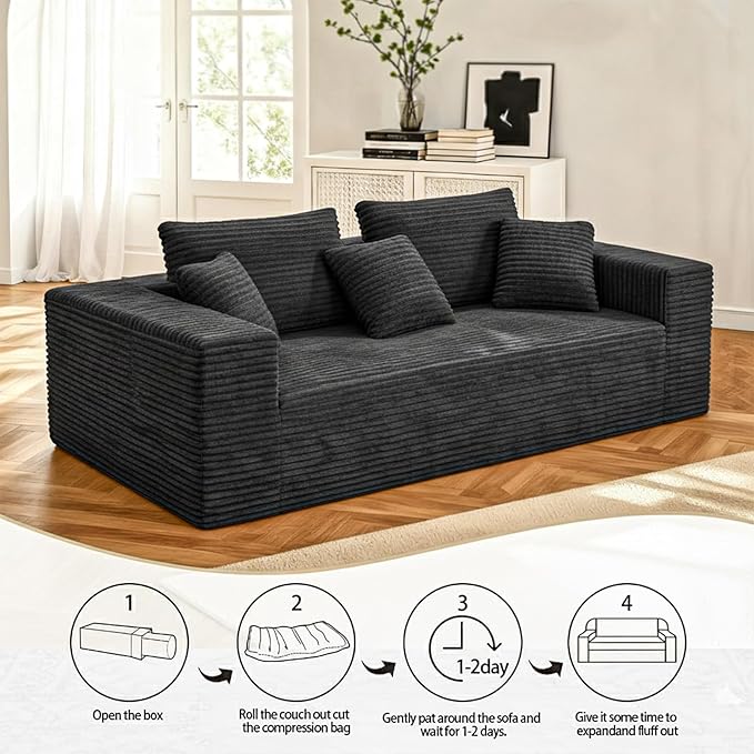 3-Seater Deep-Seat Corduroy Lounge Sleeper Sofa - No Assembly, Frameless Foam Cloud Couch for Living Room, Bedroom, Apartment, Dorm, Office