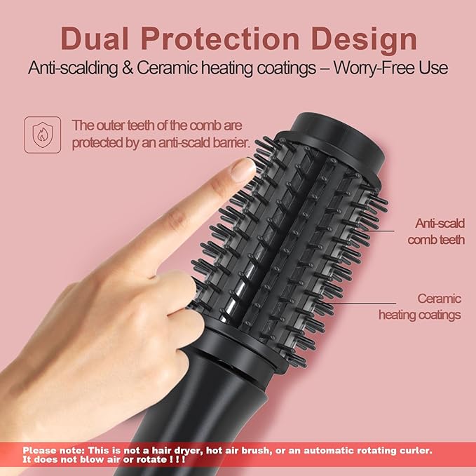 Youbella Cordless Hair Curling Iron Brush, Mini Travel Hot Straightener Comb, 3-In-1 Portable Wave Curling Wand, 1.5″ Ionic Heated Brush, USB Rechargeable Hair Curler, All Black –No Automatic Rotation