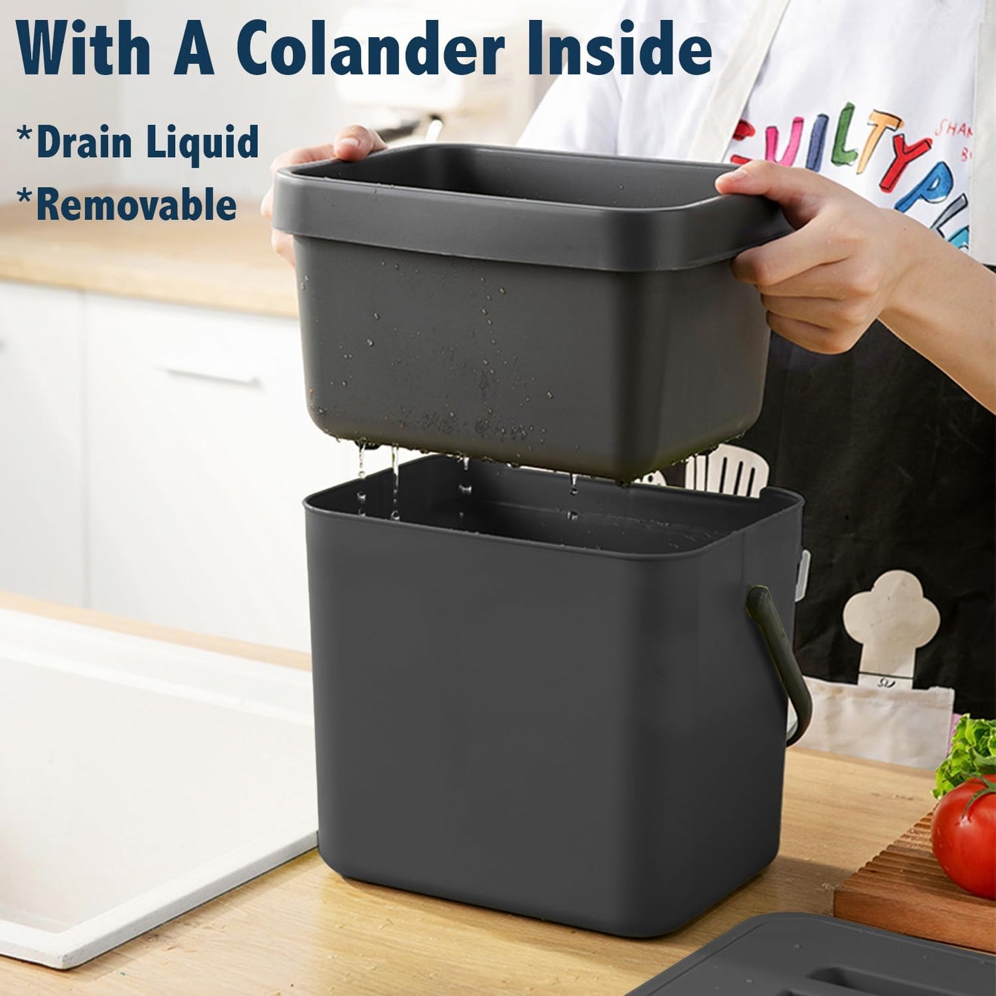 Kitchen Compost Bin, LALASTAR Food Waste Bin for Kitchen, Food Scrap Pail Bucket with Colander, Hanging Trash Can, 1.8 Gallons, Black