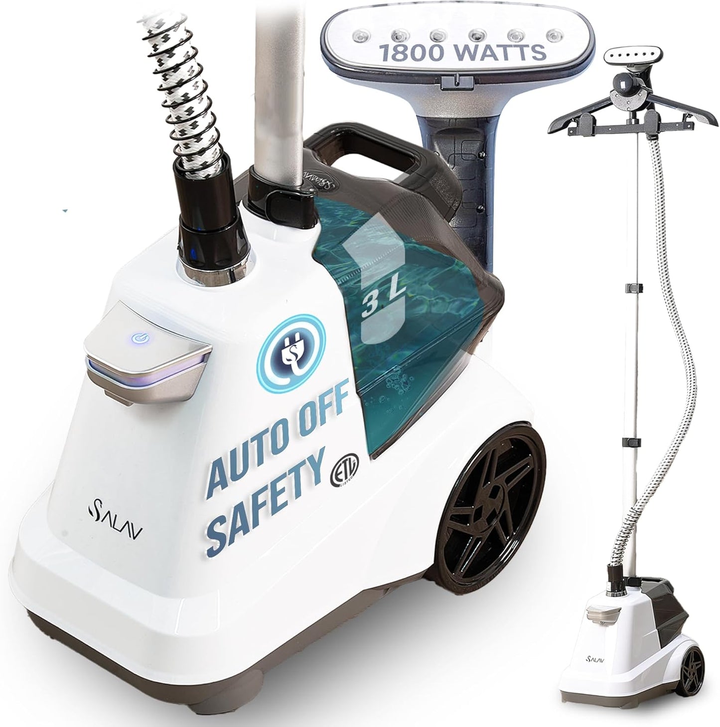 SALAV® Heavy Duty Smart Auto Shut-off Commercial Full-Size Garment Steamer, Beeping Alert when Water Runs out, Foot Pedal Control, XL 3L (101.5 oz) Tank, 1800 watts, 90+min of Continuous Steam, White