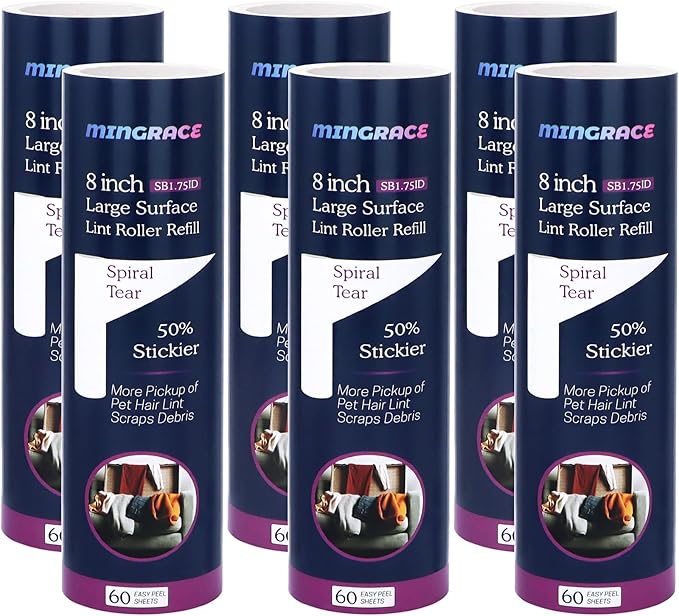 8 inch Wide Lint Roller Refills Compatible with Scotch Brite 50% Stickier Large Surface Roller Refill, Works Great On Pet Hair, 60 Sheets per Refill, Pack of 6, 360 Sheets Total