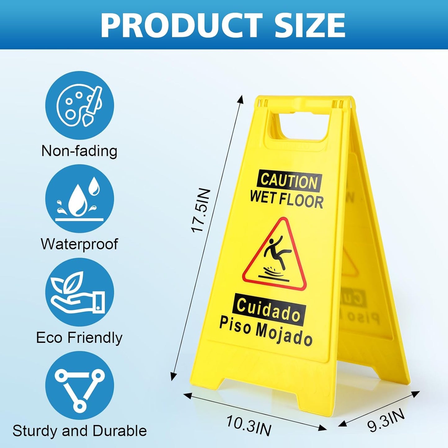 3-Pack Caution Wet Floor Sign,17.5" Height,Bright Yellow Double-Sided Folding A-Shaped Frame Design, Bilingual Caution Message