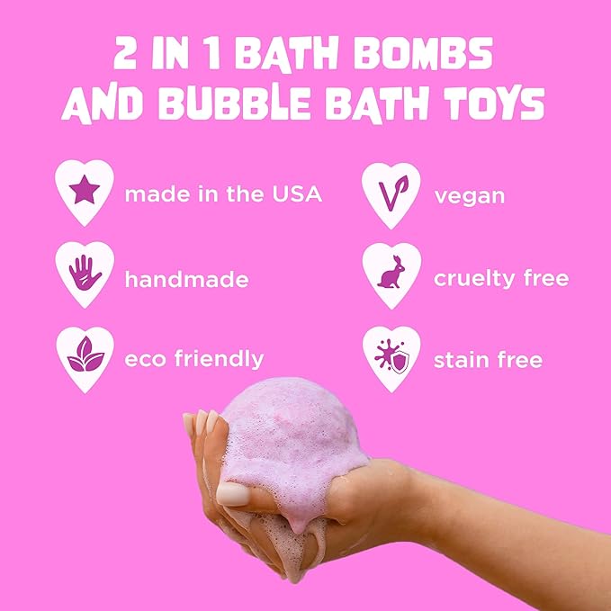 Unicorn Bath Bombs for Girls with Surprise Toys Inside (6 Pack) - Large Bubble Bomb for Kids, Gentle and Safe, Made in USA, Fizzies, Fruity Scents, Won't Stain Tub - Ideal Gift by Two Sisters