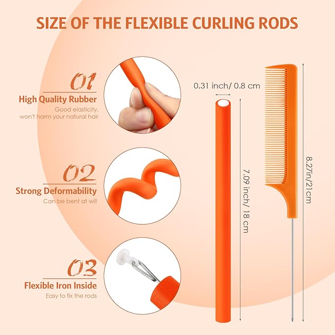 Syhood 30 Pcs 7'' Flexible Curling Rods Twist Foam Hair Rollers Soft Foam No Heat Hair Rods Rollers and 1 Steel Pintail Comb Rat Tail Comb for Women Long Short Hair(Orange,7 x 0.3 Inch)