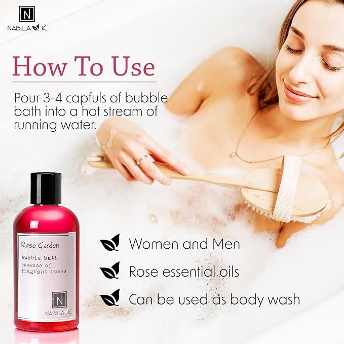 Rose Garden Travel Size Bubble Bath by Nabila K - Essential Oils with Natural Ingredients for Sensitive Skin, Tear-Free, Gentle, Moisturizing - Luxury for Women & Men, 2 oz