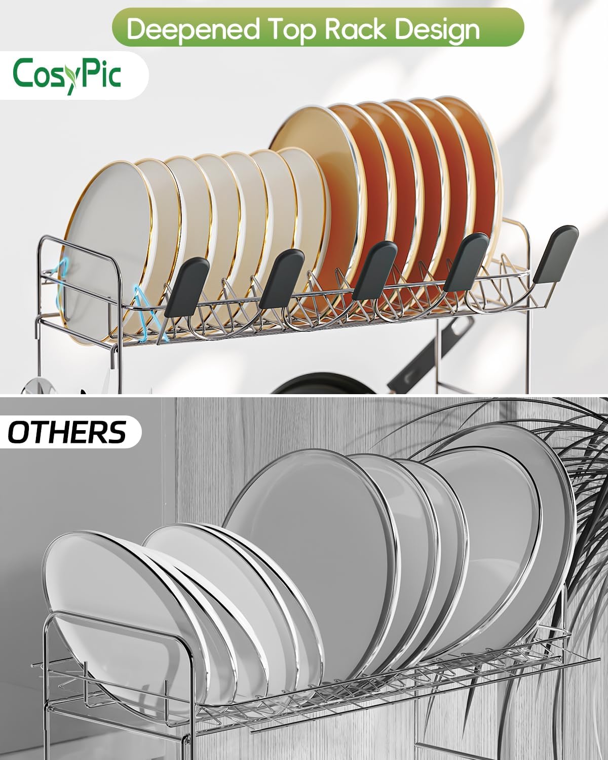 2 Tier Dish Drying Rack, Thicker Premium 304 Stainless Steel Dish Racks for Kitchen Counter, Automatic Drainage Spout, Dish Drainer & Drainboard Set with Utensil Holder and Cup Holder, Black