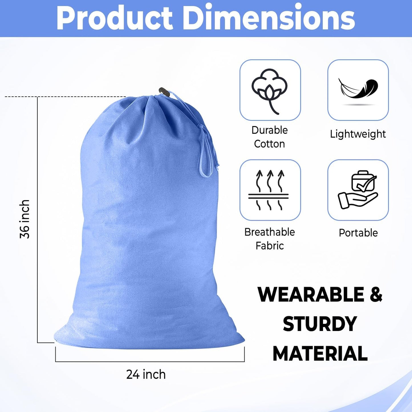 2 Pack - Extra Large Cotton Laundry Bag, Heavy Duty Large Laundry Bags 24 x 36 inch XL Drawstring Travel Organizer Bag Fit Hamper Basket Camp (BLUE, Pack of 2)