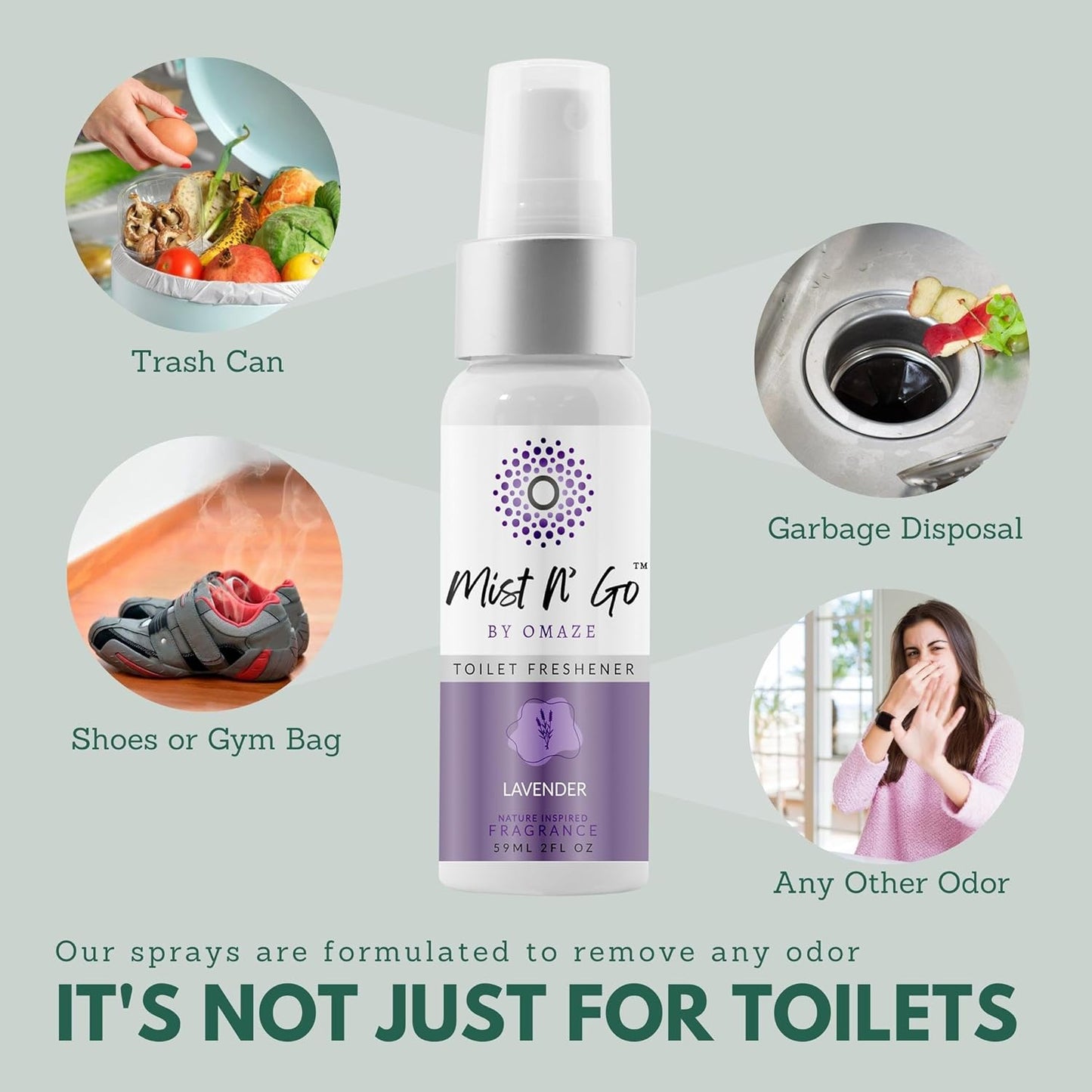 Mist N’ Go by Omaze Travel Bathroom Spray for Toilet Spray Odor Eliminator - Travel Toilet Spray for Bathroom Air Freshener Spray for Bathroom Deodorizer - Lavender Regular Size (2oz x2)