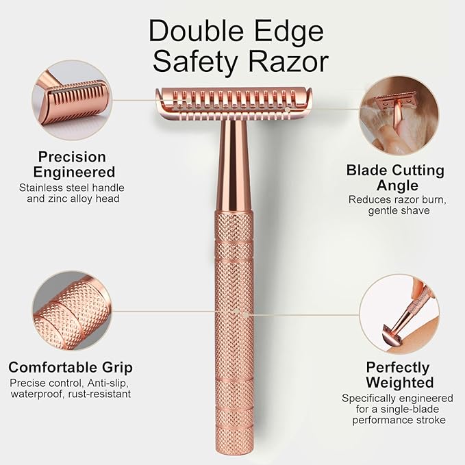 Matte Rose Gold Single Blade Razors for Women, Double Edge Safety Razor with 10 Blades, Stainless Steel Handle, Eco-friendly, Gentle, Smooth, Close Shave