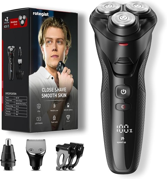 Cordless Electric Razor for Men: 3-in-1 Shaver for Beard/Nose/Sideburns - IPX7 Waterproof Travel Kit - Turbo Speed & Precision Blades, Texture Black