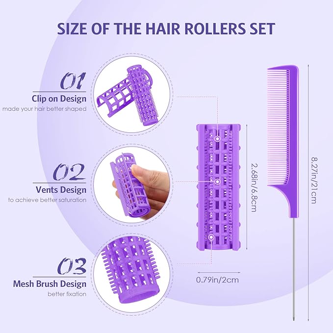 Syhood 24 Pcs Snap Hair Roller, Small Plastic Rollers Curlers with Rat Tail Comb for Long Short Hair Styling Tool(0.79 x 2.67 Inch,Purple)
