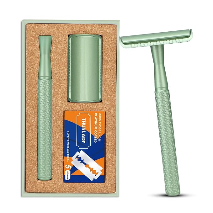 Forest Green Safety Razor - Single Blade Razors for Women - Reusable Metal Razor, with 5 Stainless Steel Double Edge Blades, Smooth Close Shave, Sustainable, Plastic Free