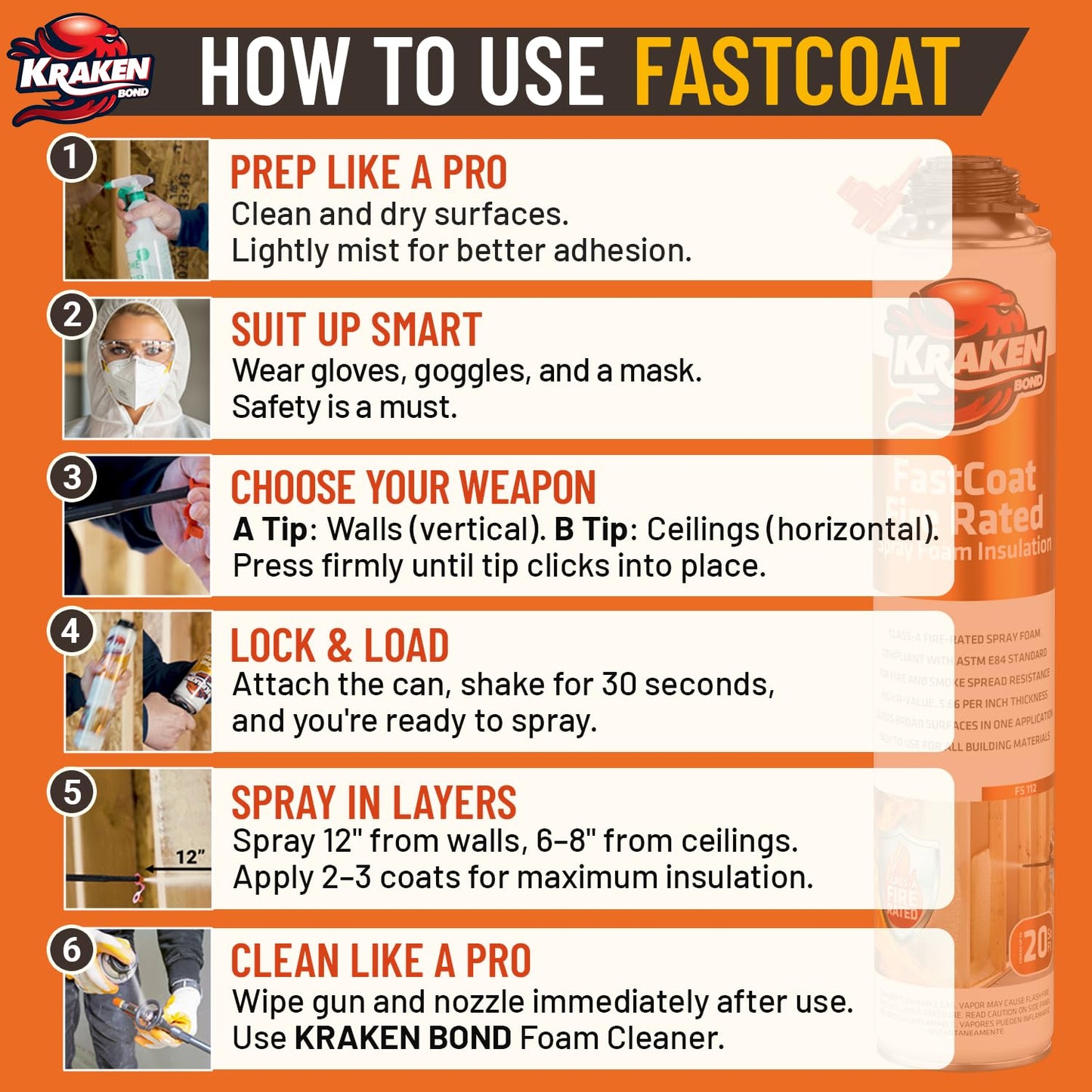 Kraken Bond Fastcoat Fire Rated Spray Foam Insulation Kit Closed Cell in a Can 240 sq ft (12x27.1 oz.)(R-Value 11.32 / 2in)- Spray Foam for Garage Door, Attic, Wall Gun & Cleaner Not Included, 12 Pack