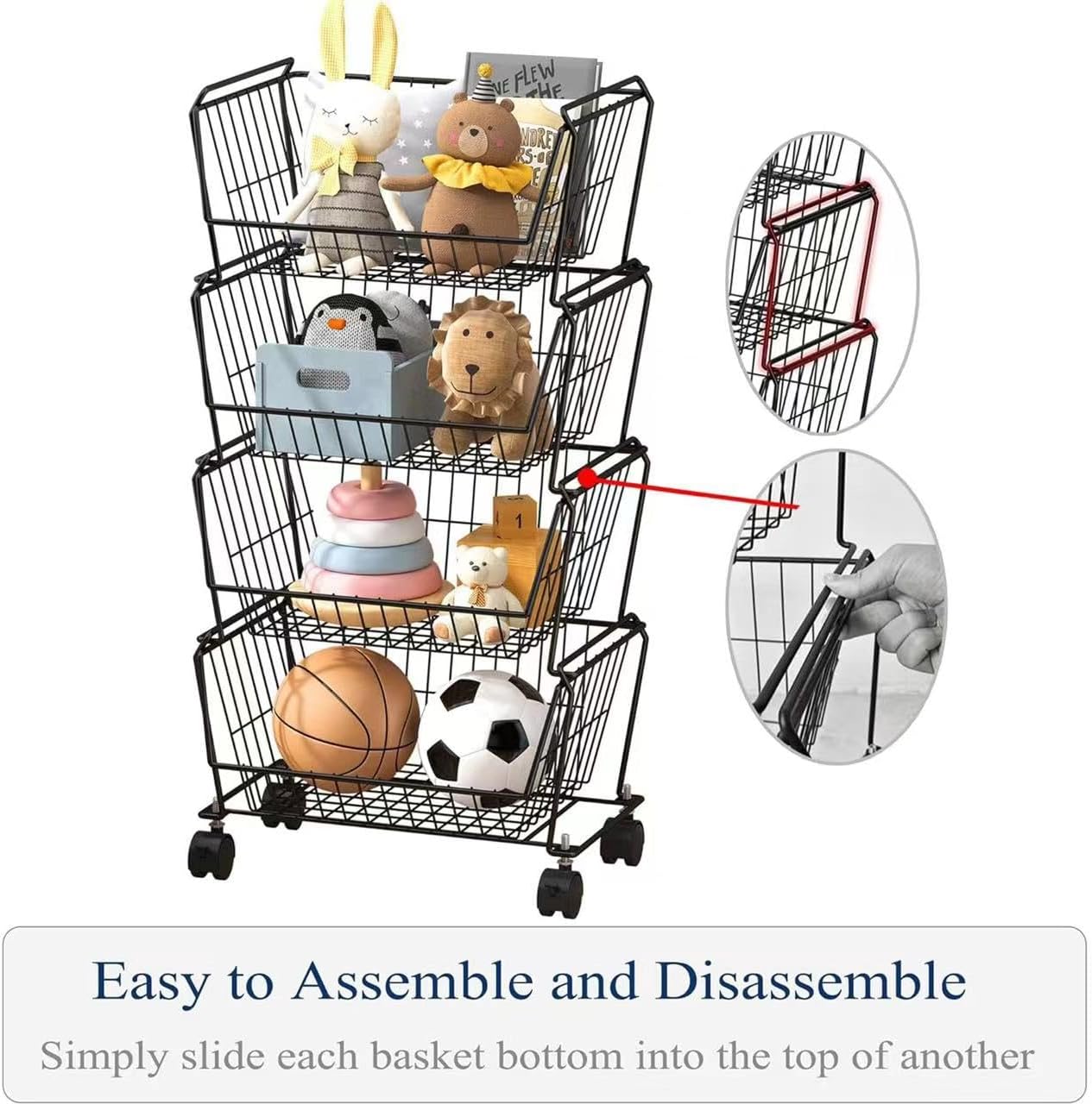 PUSDON Stackable Metal Storage Carts, Dual Use Shelf for Kitchen Fruit Vegetable Baskets with Wheels, Storage Rack for Living Room, Home & Office, Standard Black 4 Tiers