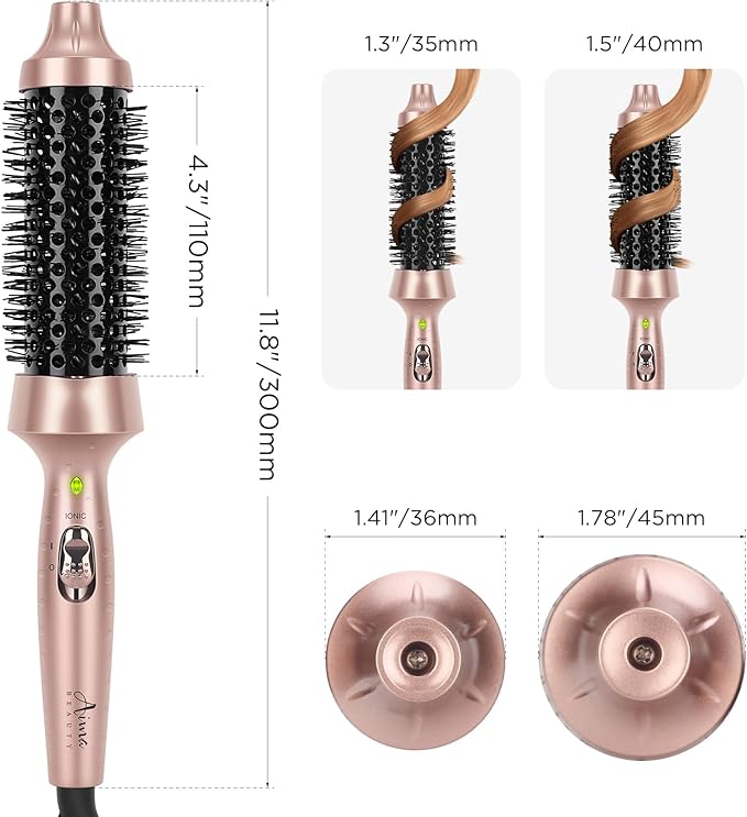 Aima Beauty Hair Curling Iron Brush, 1.5"/40mm Ceramic Hot Brush, Ion Hair Care Thermal Brush for Root Volume Quickly, Heated Curling Brush Create Loose Curls, Dual Voltage & 60Mins Auto-Off, Gold
