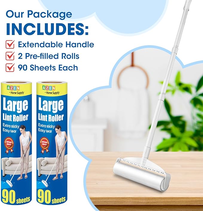 AZEN Large Lint Rollers for Pet Hair, Extra Sticky, 9.45 in Rollers for Floor, Carpet, 180 Sheets Giant Refills with 3 Extendable Long Handle Sticky Mop for Carpet, Floor, Couch