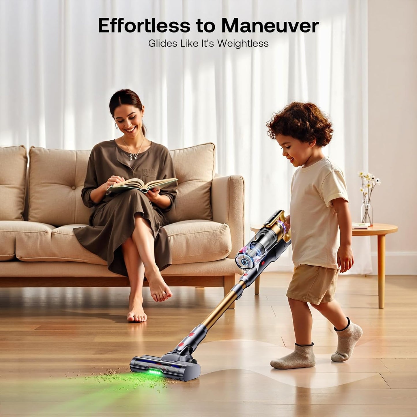 Trucozie Cordless Vacuum Cleaner with Self-Standing, 50 mins Runtime Lightweight Stick Vacuum with Powerful Suction, Anti-Tangle Wireless Vacuum Versatile for Hard Floor/Carpet/Pet Hair, Gold